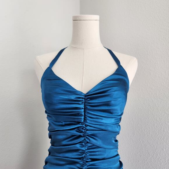Jessica McClintock Y2K Teal Satin Halter Ruffle Drop Waist Mini Homecoming Dress - Picture 2 of 10